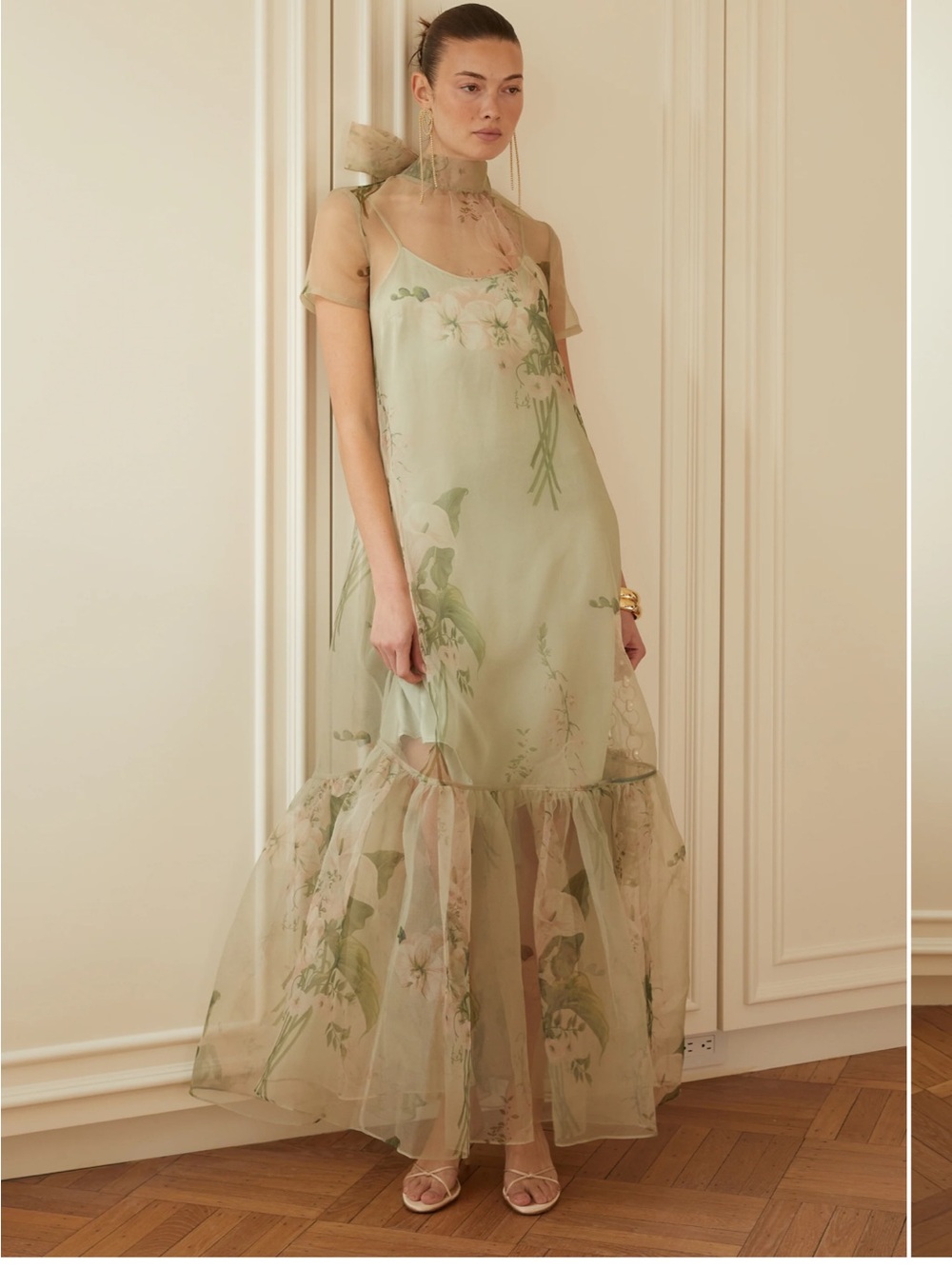 Sheer Floral Slip Maxi Dress in Sage Green
